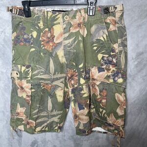 Jetlag Mens Floral Tropical Cargo Shorts Green Orange Cotton Size 34 Utility